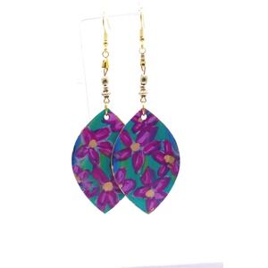 Wood Floral Earrings, Teal Purple Boho Dangle Lightweight Artisan Statement Drop